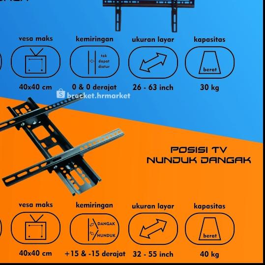 ۩ Braket Breket Bracket Tv 55 50 49 43 42 40 Inch Bisa Nunduk Dangak Semua Merk 32 - 55 Inci Led Lcd