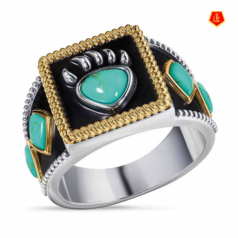 [Ready Stock]Retro Personalized Turquoise Bear Claw Ring