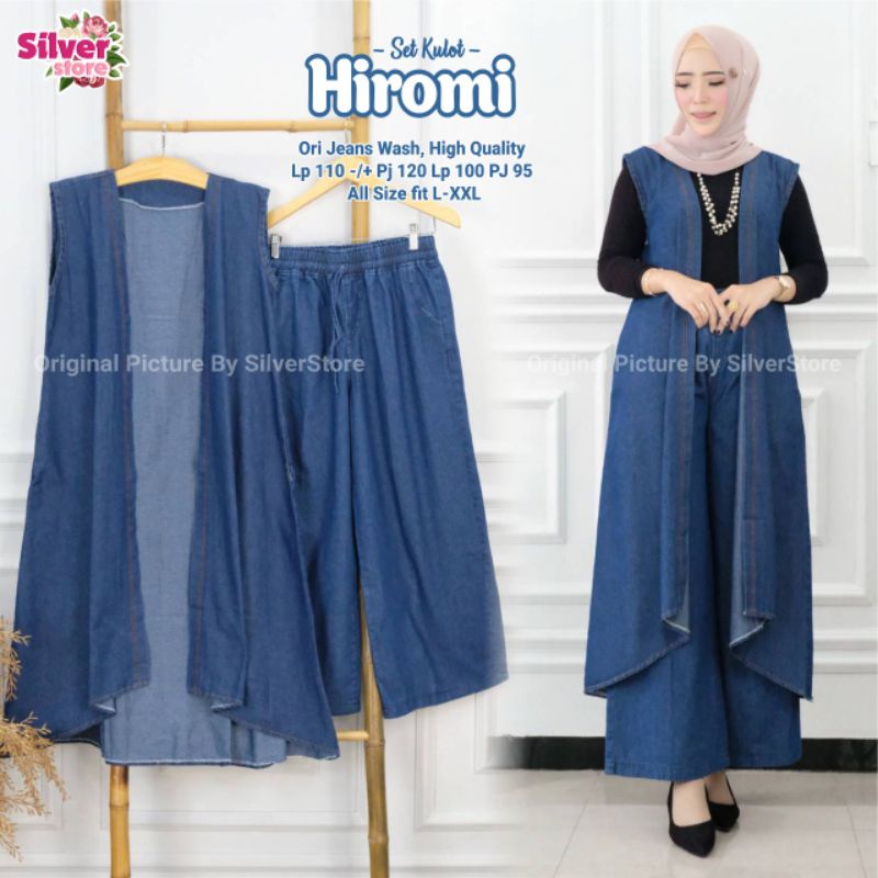 Hiromi One Set Setelan Celana Kulot Outer Cardigan Polos Jeans Ld 110 Jumbo Fit XXL By Silver