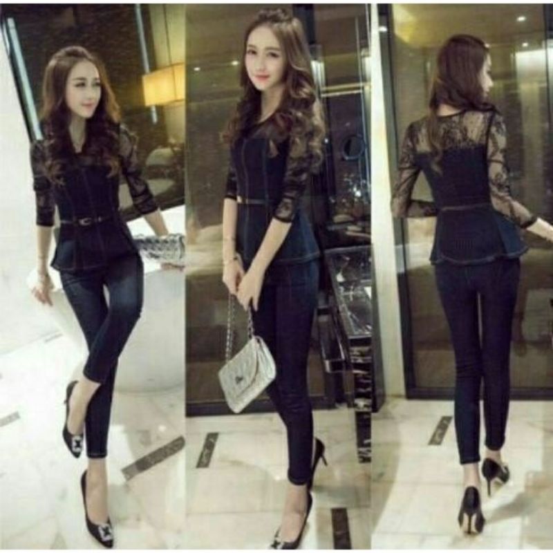 COD✔SETELAN WANITA JEANS ASLI SET VERO FREE BELT ED/pakaian wanita set atasan dan celana panjang yg 