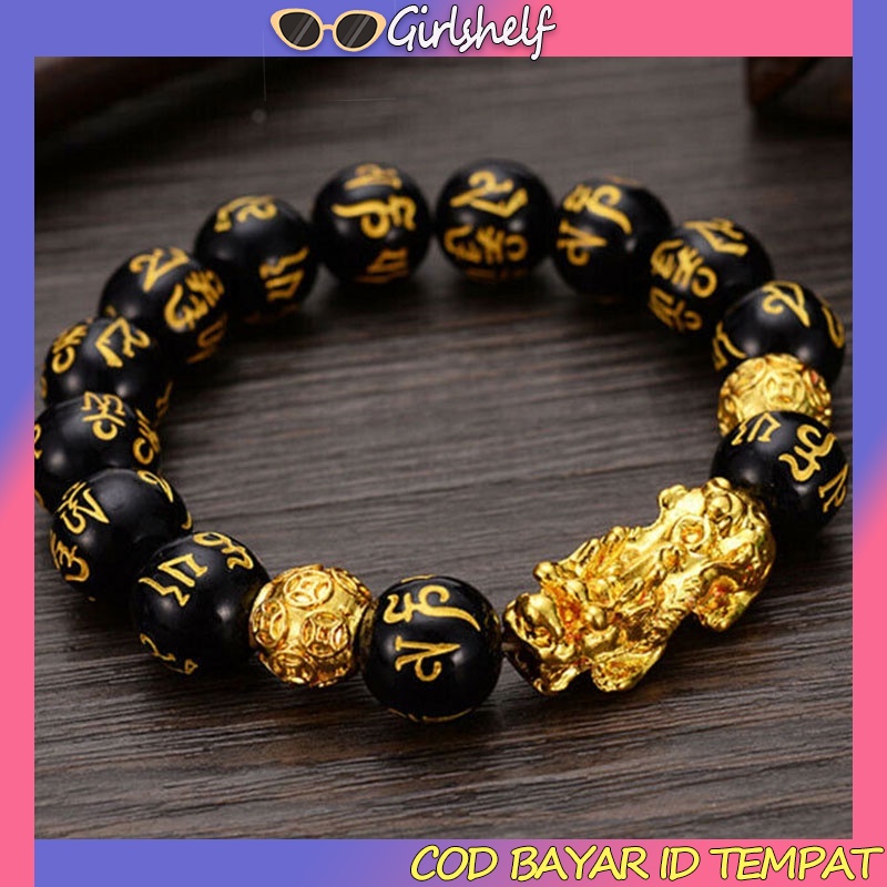 COD Manik Gelang Fashion Retro Feng Shui Obsidian Emas Hitam Wanita Netral
