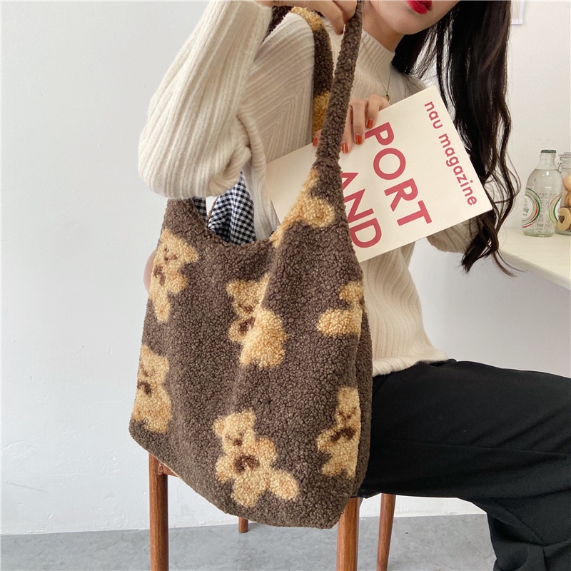 TB-79 tas bahu bulu halus motif beruang cute bear import korea jepang