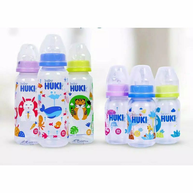 HUKI Botol Susu Dot Gepeng Nipple Silikon BPA Free HALAL ORIGINAL 120ml/240ml/dengan pegangan