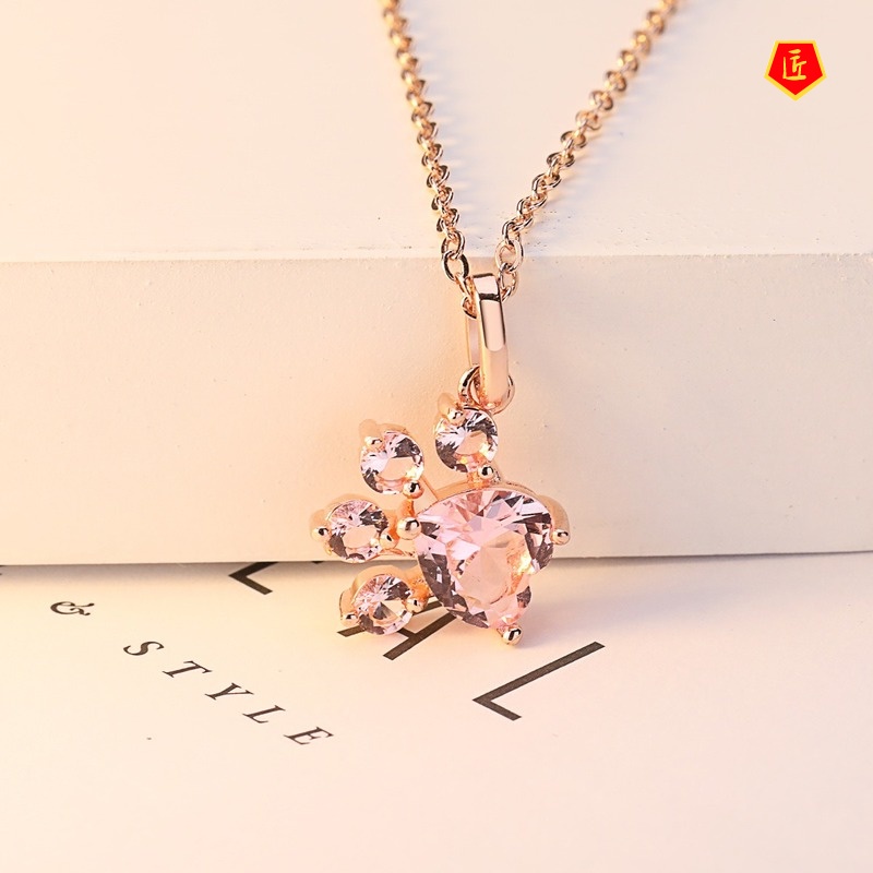 [Ready Stock]European and American Fashion Popular Necklace Footprints Pink Zircon Pendant