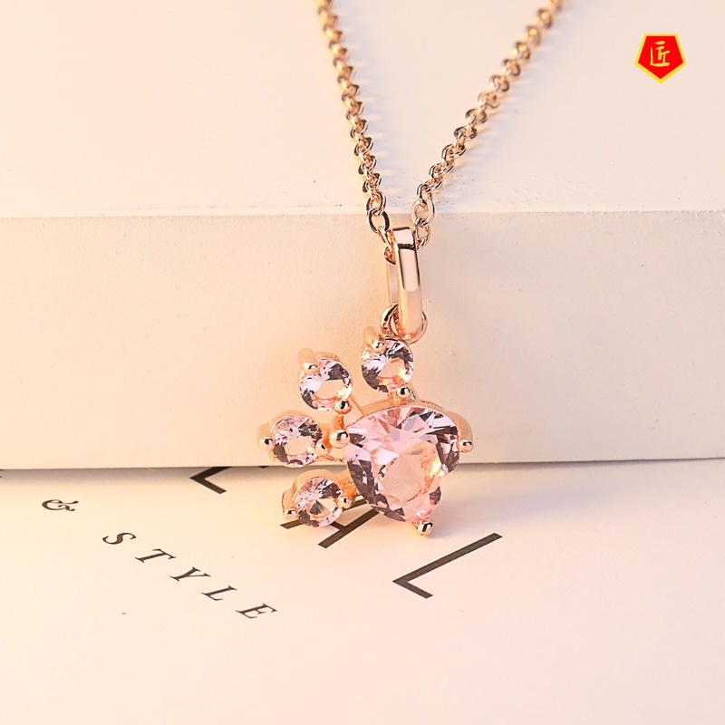 [Ready Stock]European and American Fashion Popular Necklace Footprints Pink Zircon Pendant