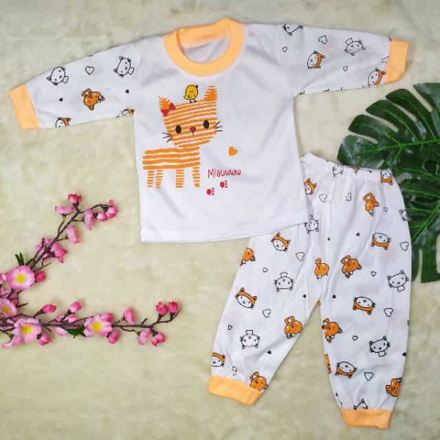 [Ss-8014] Setelan Baju Panjang Bayi size 0-12bulan / Piyama Bayi Gambar Miau / Baju Tidur Bayi