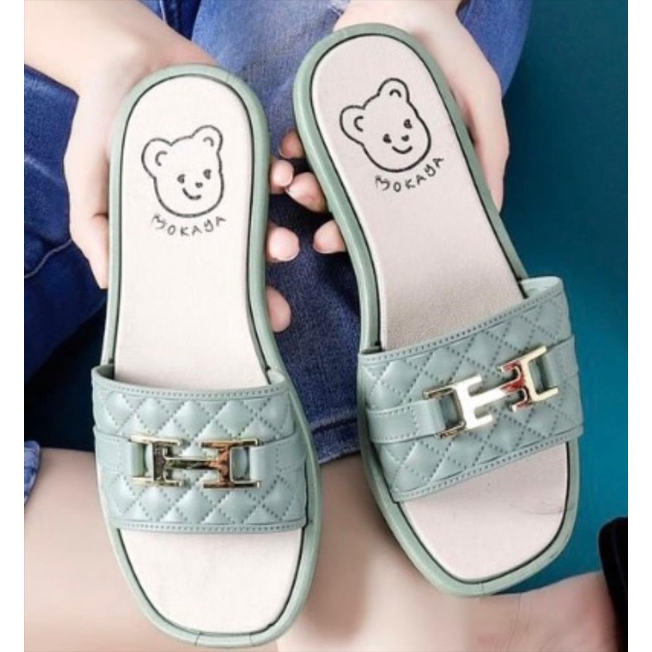 Sandal Slop Jelly Wanita Ban Gesper H Sol Bear Super Mewah Keren Elegant Import Mokaya / Size 37-41 (2199-91)-hijau