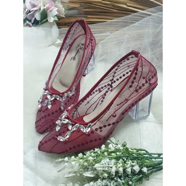 sepatu merrisa merah Maroon salur 7cm kaca