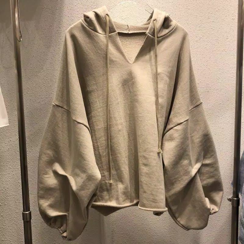 Clara Daddario Sweater Oversize Hodie Wanita Tangan Balon V-neck Hoodie Wanita