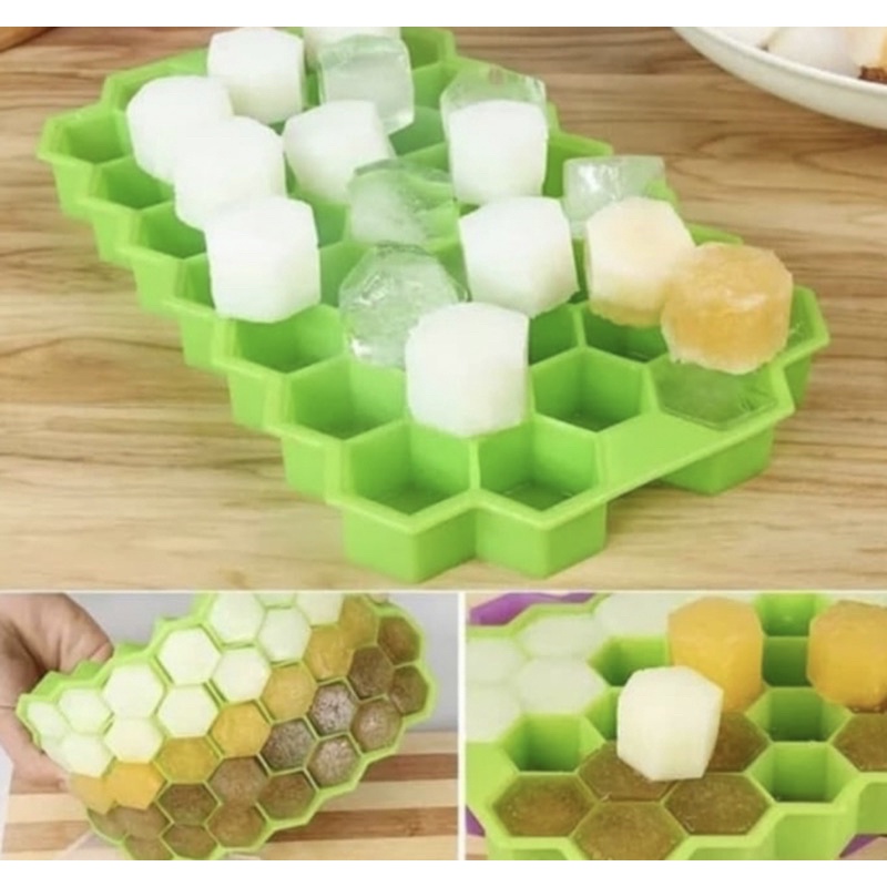 Cetakan Pembuat Es Batu Ice Cube Tray Besar 6 Lubang + Tutup Penyimpan Anti Bau // Cetakan Es Batu Honey Jelly Silikon isi 37 Hexagon dengan Penutup Anti Pecah Foodgrade