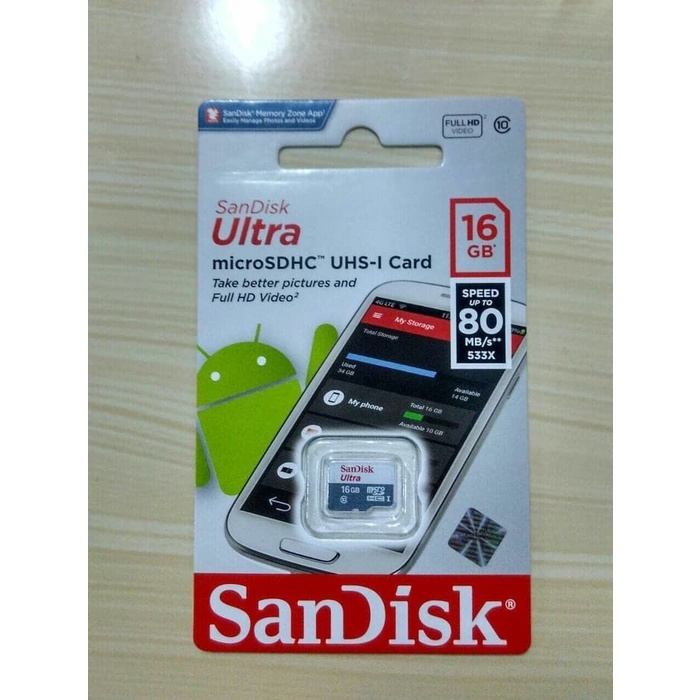 Memory Hp 16gb | MicroSD 16 GB | Sandisk Micro SD Ultra 16GB UP TO 80MB/S CL10 Tanpa Adapter - Original Garansi Resmi