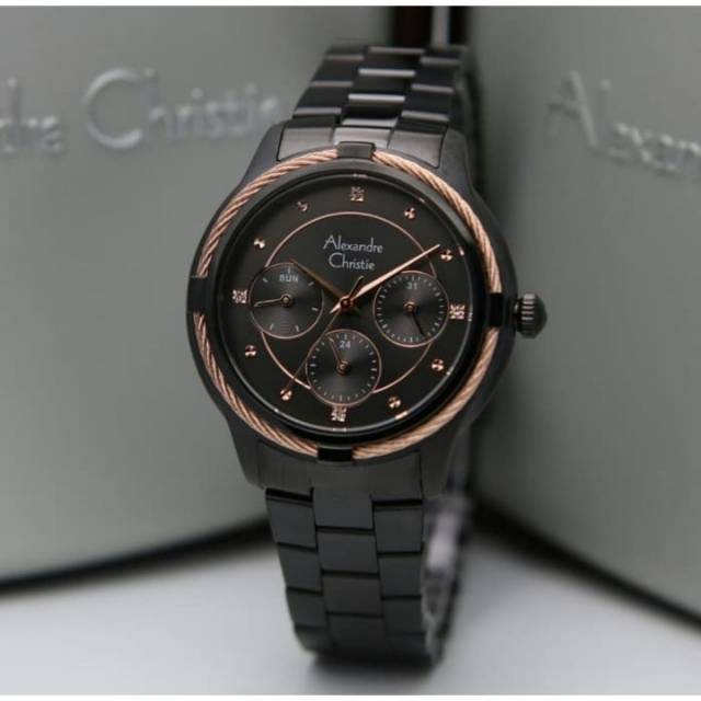 Jam Tangan Wanita Alexandre Christie AC 2844 Series Terbaru Original Hitam Rose Gold