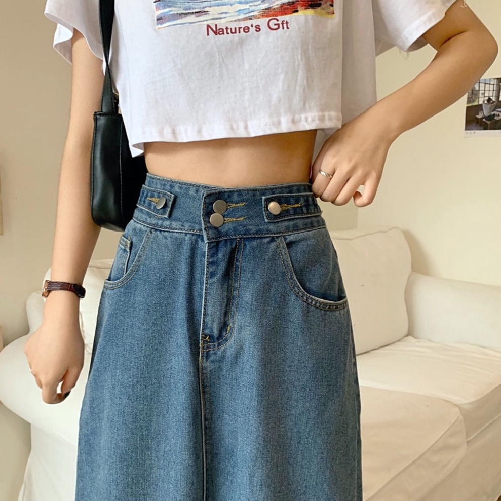 Korean Style Rok Pendek Jeans Wanita /Denim Pinggang Tinggi Rok Panjang