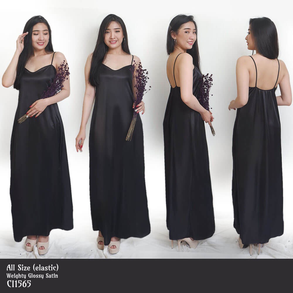 dress panjang tanktop baju tidur satin hitam all size