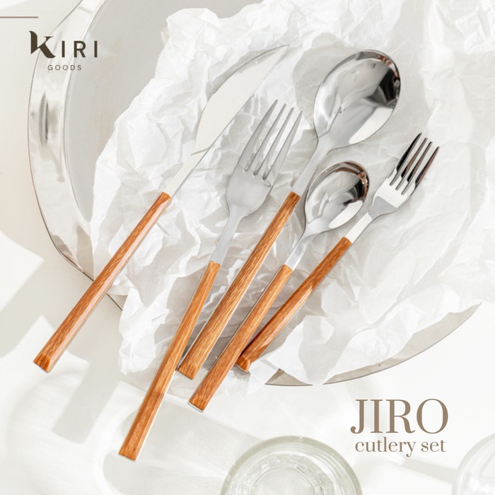Tree Am Pm KiriJiro Cutlery Set Paket Lengkap Sendok Garpu Pisau Stainless Steel Gagang Kayu Korea