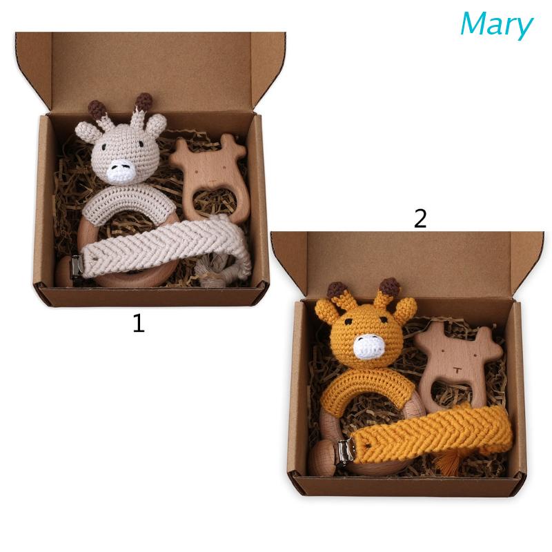 Mary Set Mainan Rattle Teether + Klip / Jepit + Cincin Kayu Motif Rusa Untuk Bayi