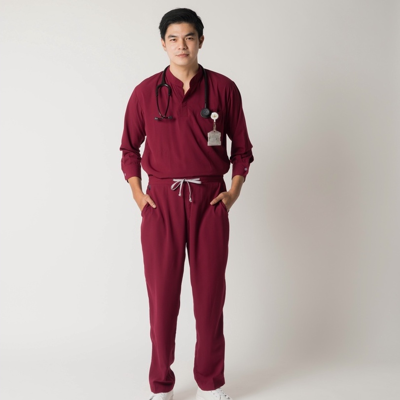 Baju Jaga MANDARIN LS - MAROON Scrubs Theatre Blues First Line Lengan Panjang