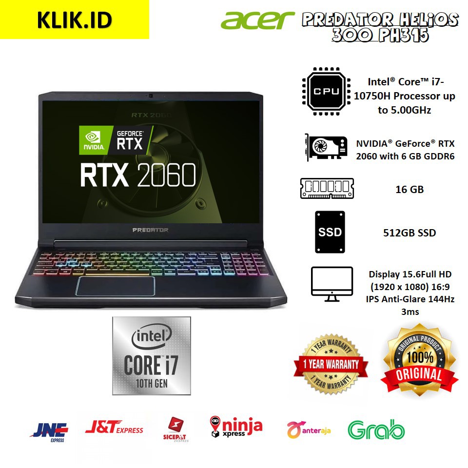 Acer Predator Helios 300 PH315 i7 10750 16GB 512ssd RTX2060 6GB W10 15.6FHD