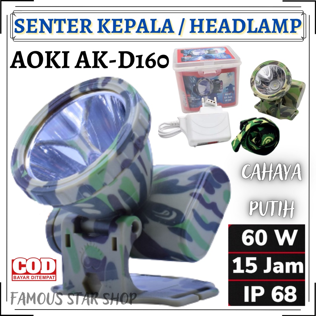 Senter Kepala Selam / Diving Motif Army AOKI AK-D160 60w 60 Watt Super Led Baterai Lithium 3600mAh Super Terang Cahaya Putih Jarak Sorot Jauh 1000meter dan Tahan 15 Jam NONSTOP | FMS