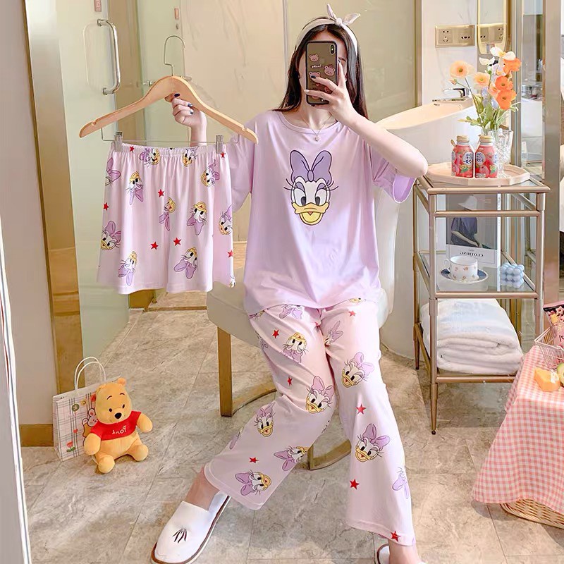 Stelan Baju Tidur Wanita Dewasa 3 IN 1 Kartun Piyama Bahan Nyaman Wanita Dewasa import