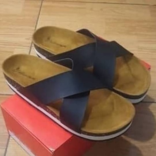 SANDAL SLOP KULIT CROSS HITAM ALAS COKLAT WANITA CEWEK UKURAN JUMBO BESAR BIG SIZE