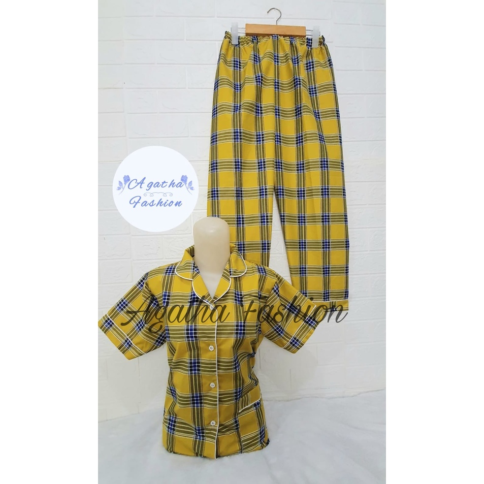 Baju Tidur Cewek Lengan Panjang Dan Lengan Pendek Motif Kotak Piyama Wanita Kekinian Pajamas Dewasa-CP OSLIN KUNING L