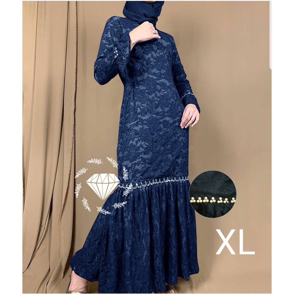 PCS MAXY NURHALIZA DUYUNG MUTIARA BRUKAT FASHION PAKAIAN WANITA DRESS GAMIS MAXI 5 UKURAN M L XL XXL 3XL MS ADA VIDEO REVIEW ASLI PRODUK-Navy XL