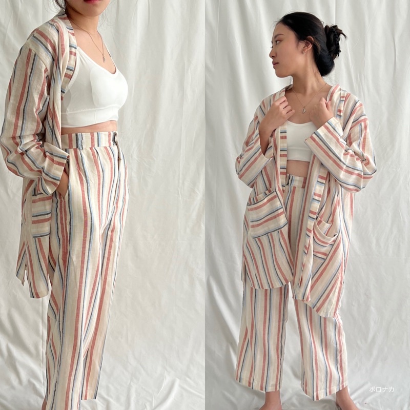 PORONAKA - URI Stripe Linen Set (Outer &amp; Pants)