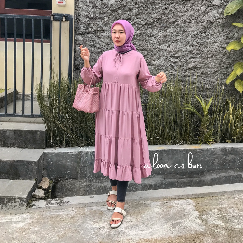 Midi Dress Rempel Susun Rayon Premium - Tunik Wanita Rempel Susun - Dress Rufle Premium