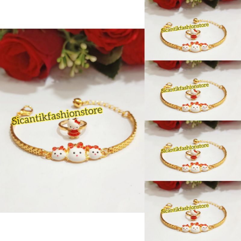 Gelang Titanium Anak Anak Perhiasan Set Anak Gelang Cincin Terlaris Anti Karat Hello Kitty merah