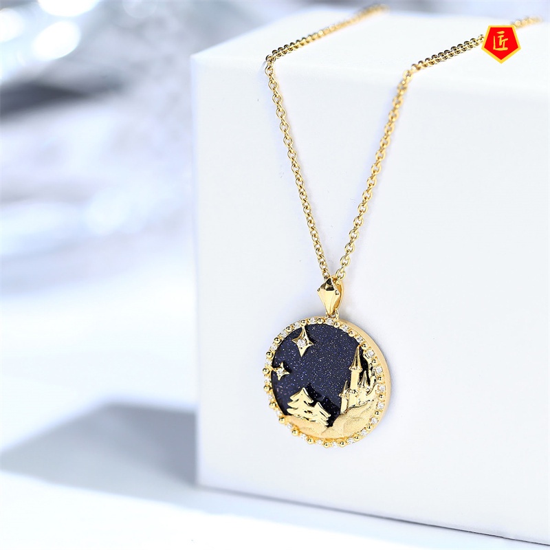 [Ready Stock]Creative Frozen Blue Gold Necklace 18K Gold Geometric Castle Pendant