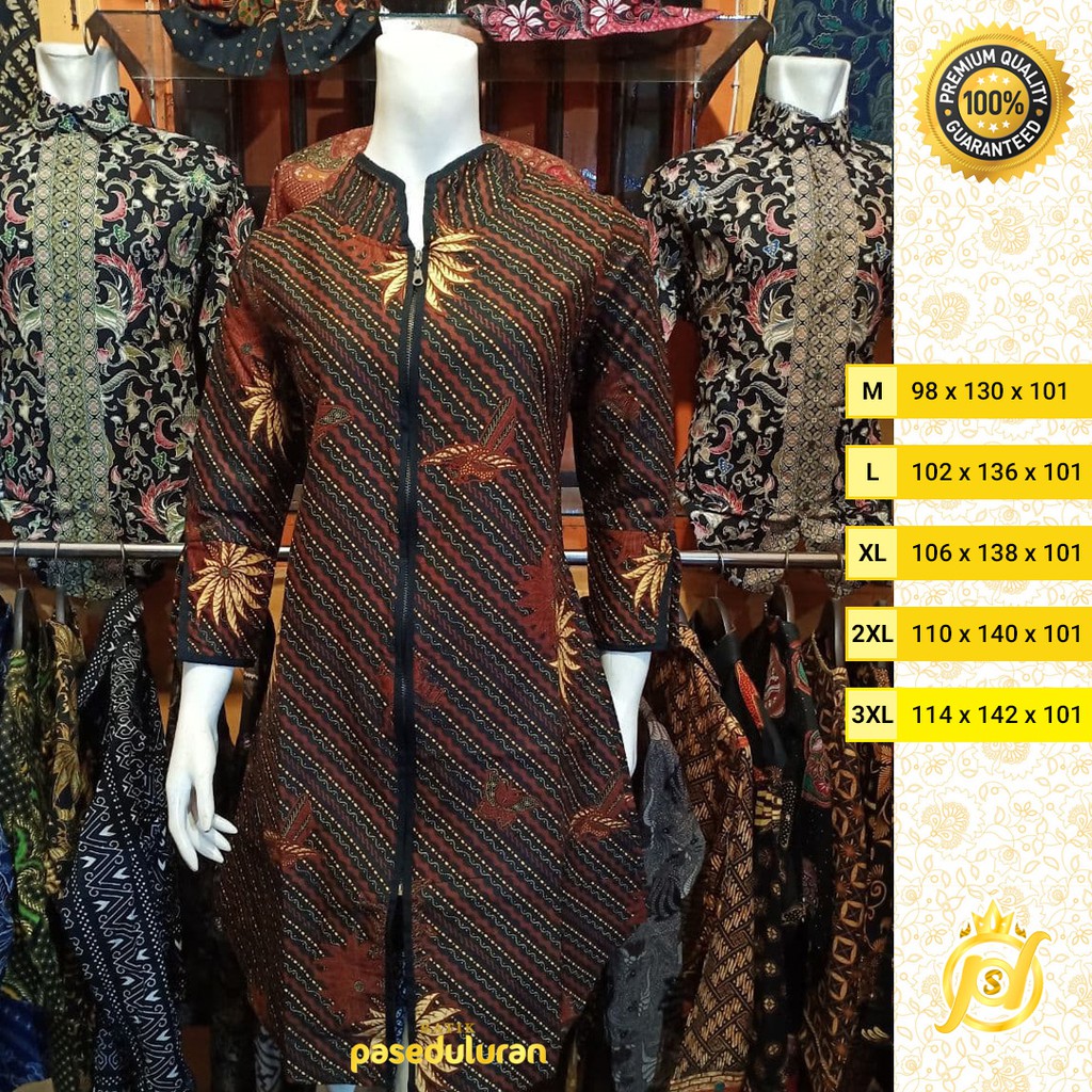 Tunik Wanita Batik Atasan Premium Motif Salur Lurik Warna Coklat Bata Resleting Panjang Terbaru