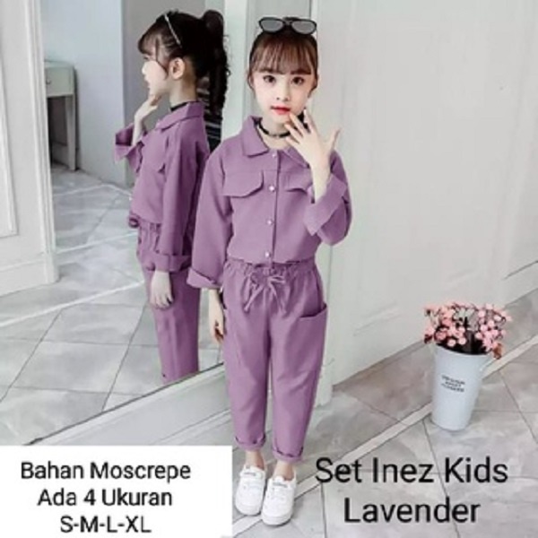 Stelan Kemeja Anak Perempuan import korea/Set Inez Kids 3-11 Tahun Lengan Panjang Celana Panjang/Matt Moscrepe