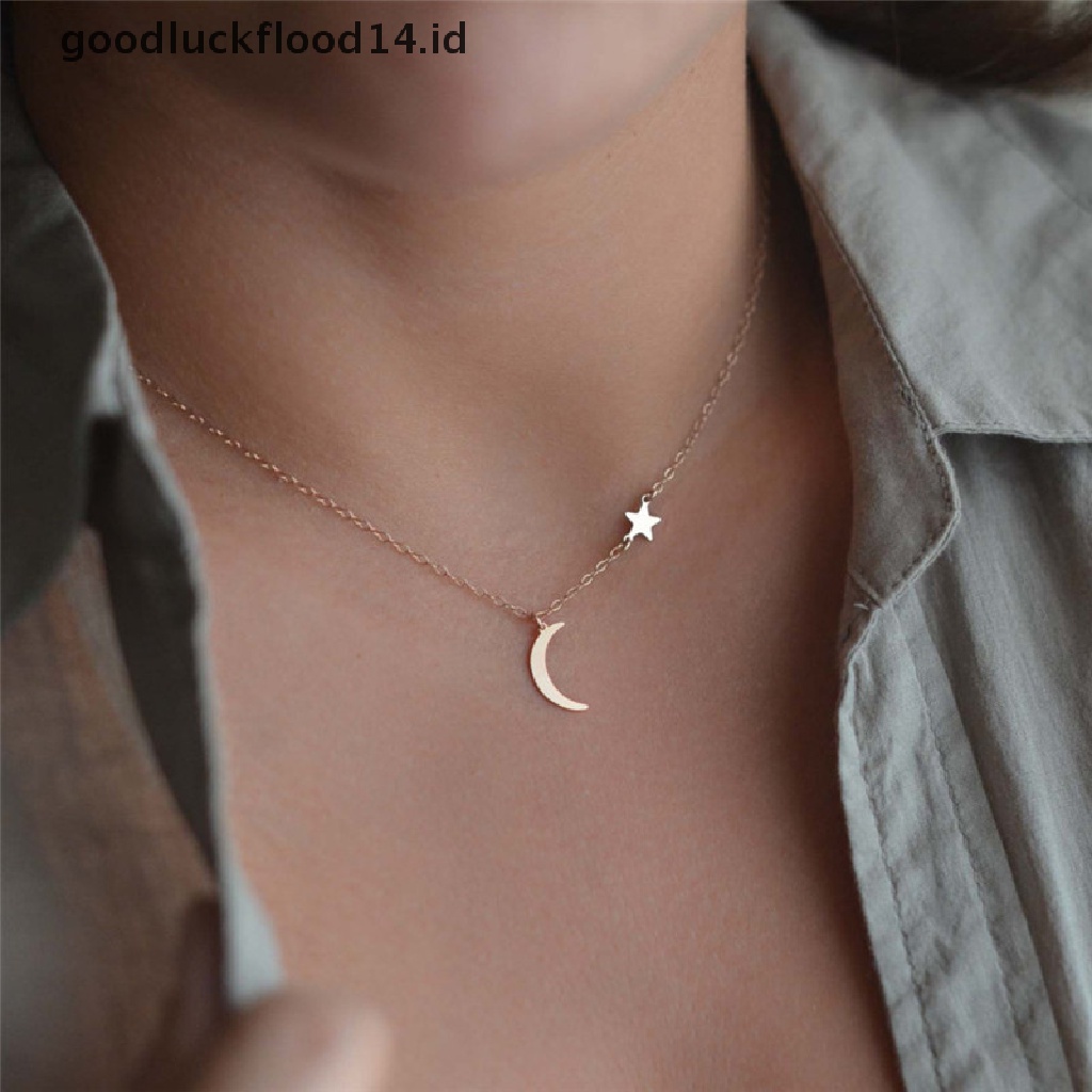 [OOID] Moon Star Pendant Necklace Choker Necklace Gold Silver Long Chain Women Jewelry  ID