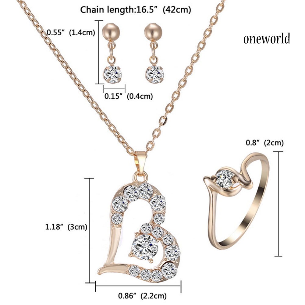 OW@ Luxury Love Heart Pendant Rhinestone Necklace Ring Earrings Women Jewelry Set