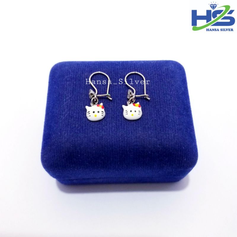 Anting Perak Anak Asli Silver 925 Lapis Emas Putih Model Agogo Hello Kitty Cat Putih