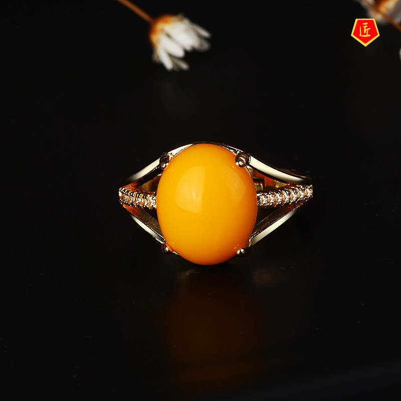 [Ready Stock]Fashion New 925 Silver Amber Ring Canary Stone Temperament Elegant Simple