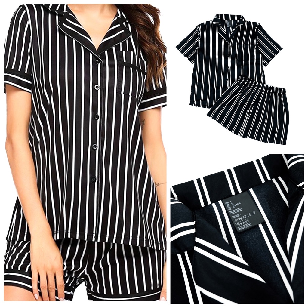 BAJU SET PIYAMA SILK HNM ORIGINAL ONE SET PAJAMAS MOTIF STRIPE #SA301
