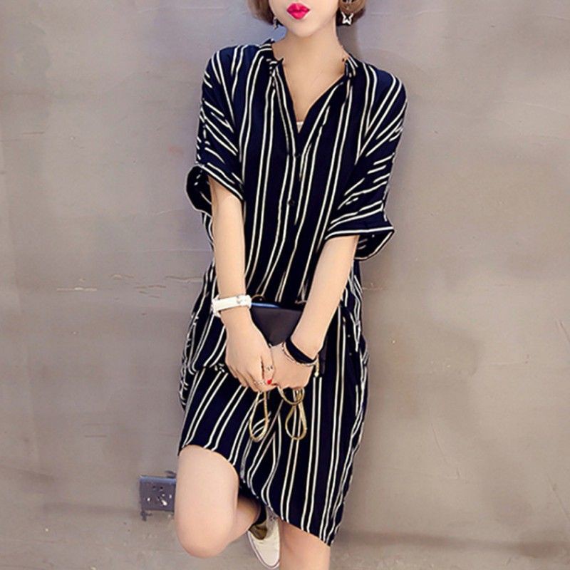 IMPORT Dress Korea motif garis oversize longgar tangan pendek