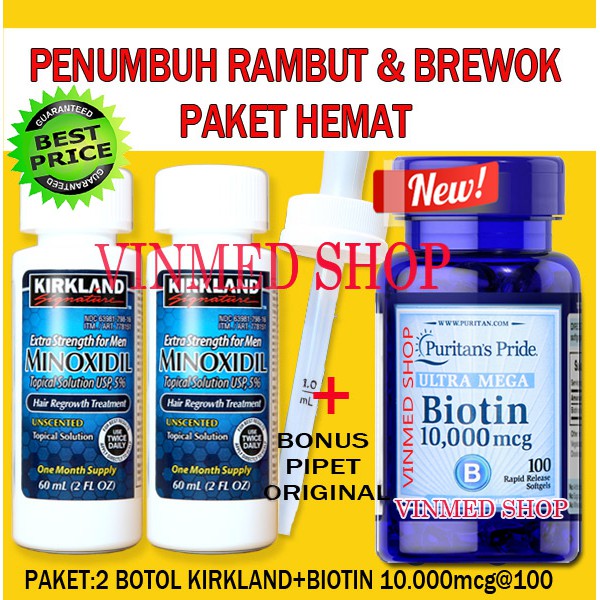 Kirkland Minoxidil 5% + Biotin 10.000mcg Bonus Pipet Ori PAKET KOMPLIT