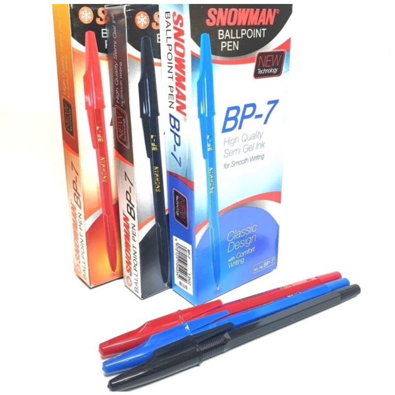 ( La 12 Pc ) SNOWMAN PEN - BALLPOINT ( SEMI GEL ) - PULPEN BP 7 - CABUT /  V5 CETEK - HITAM / BIRU / MERAH - RED BLUE BLACK