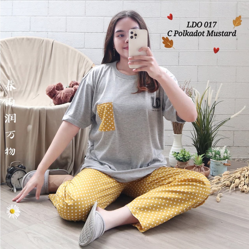 IZANY Piyama Dewasa Size S/ CP Atasan kaos Tebal-LDO 017 POLKA MUSTAR