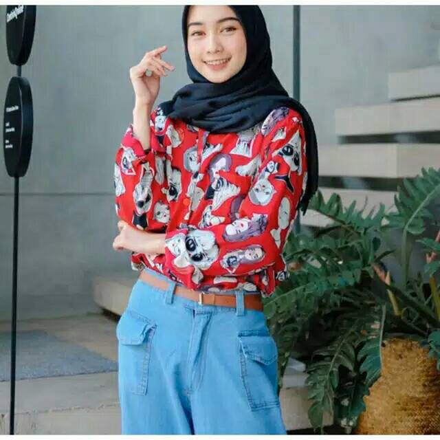 KEMEJA WANITA OVERSIZE SHIRT RAYON MOTIF & POLOS RETRO VINTAGE BLOUSE JUMBO TERBARU-RETRO MARON WOLFIS L
