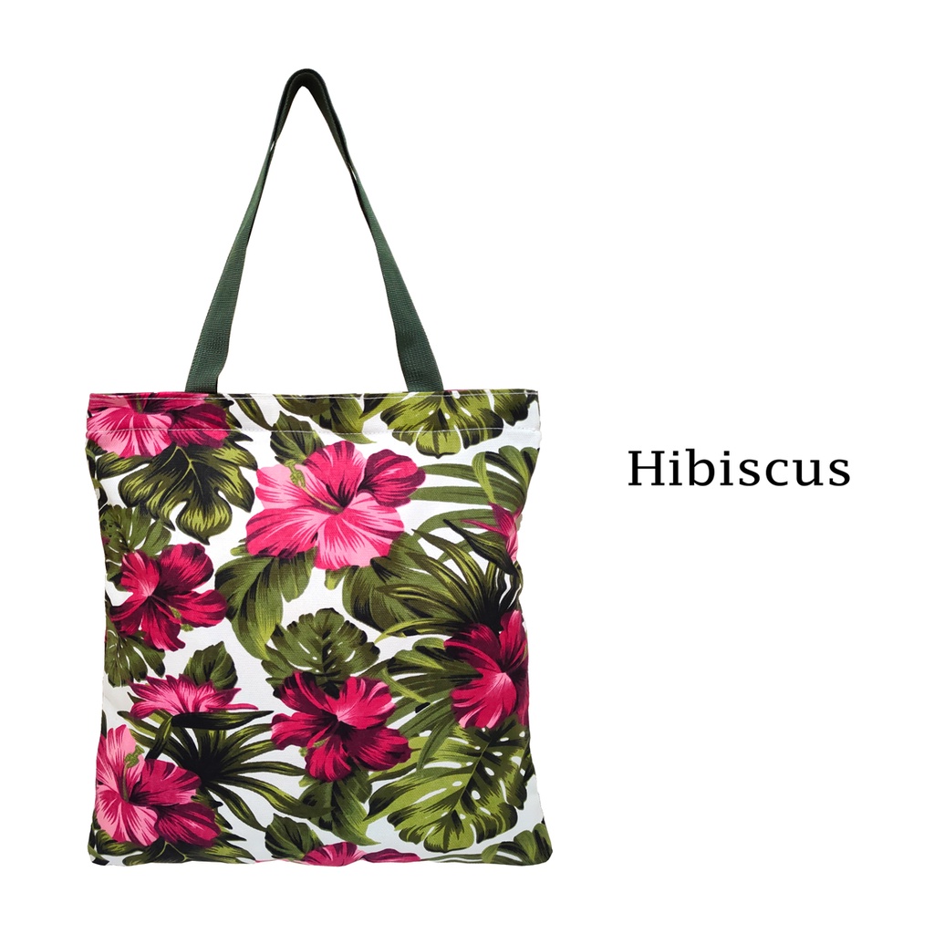 TOTE BAG / TOTEBAG KANVAS DENGAN RITSLETING KUAT DAN TRENDY / TAS TOTE MOTIF HIBISCUS