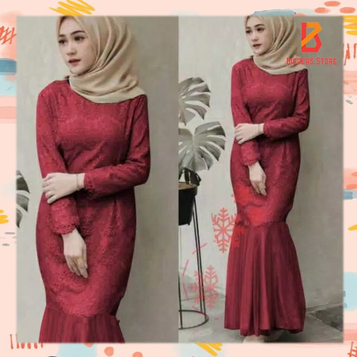 Baju Gamis Model Duyung Brokat Tulle Terbaru Gamis Modern 2021 Kekinian Bhan Brukat Furing Kondangan