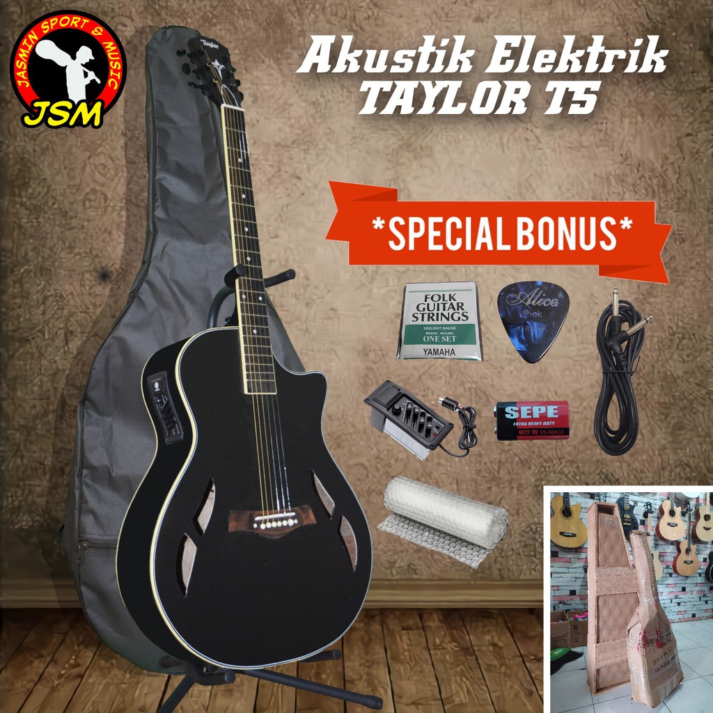 promo gitar akustik elektrik merk taylor t5 warna hitam   bonus banyak harga murah