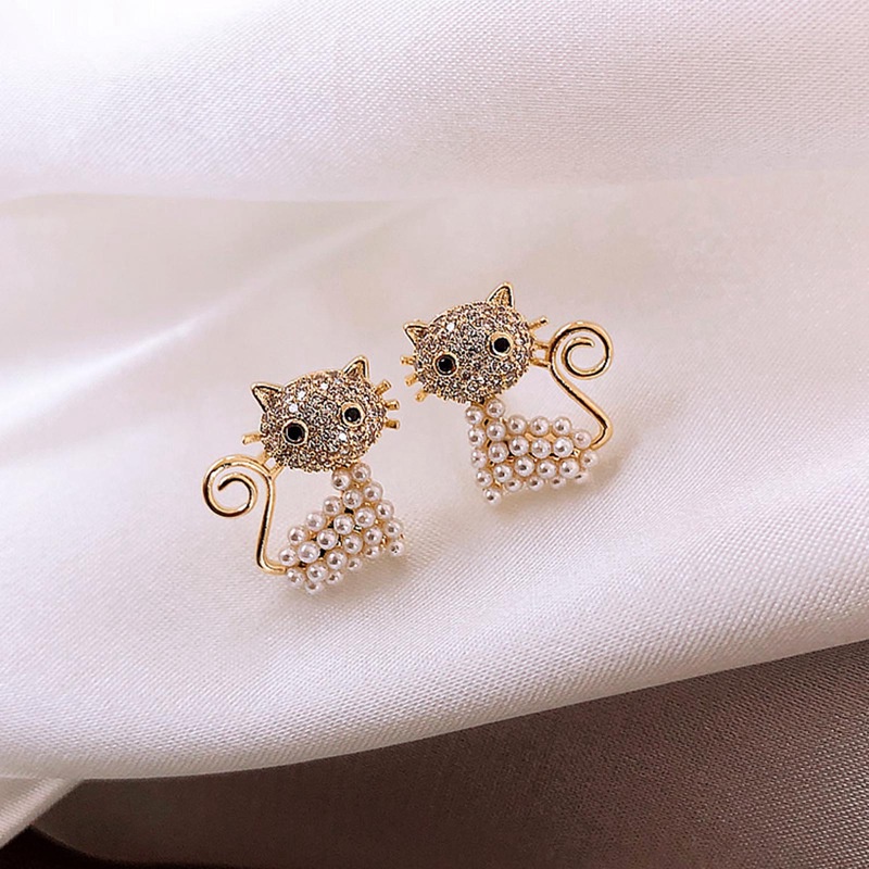 Fancyqube Anting Stud Desain Hewan Kucing Kuda Burung Aksen Mutiara Berlian Imitasi Untuk Wanita