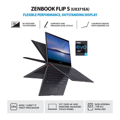 Laptop Asus Zenbook Flip S UX371EA OLED 4K UHD Touch  i7 1165G7 16GB 1TB SSD 13.3&quot;UHD W11