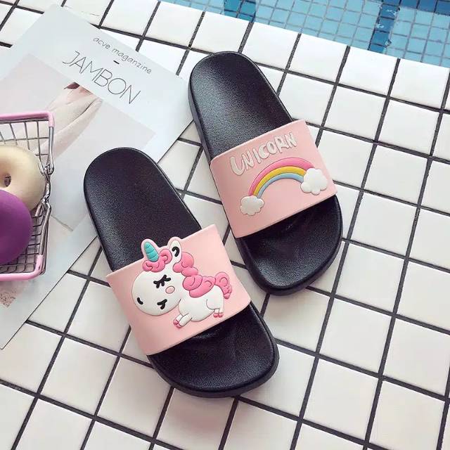 Dts sandal unicorn pelangi terbaru karet timbul realpict