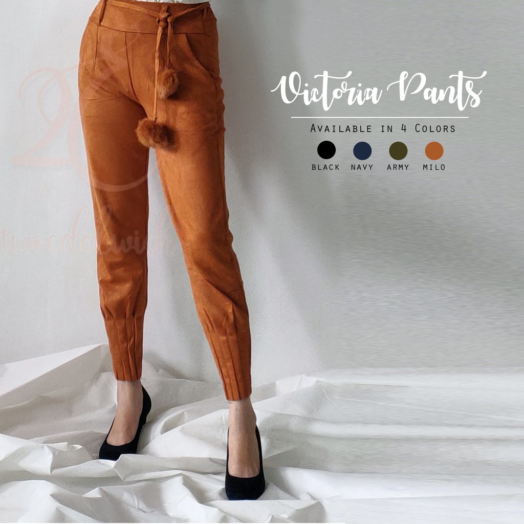 Victoria Pants - Celana Kantor Casual Suede Import Premium free Belt - Fashion Wanita Nyaman Dipakai